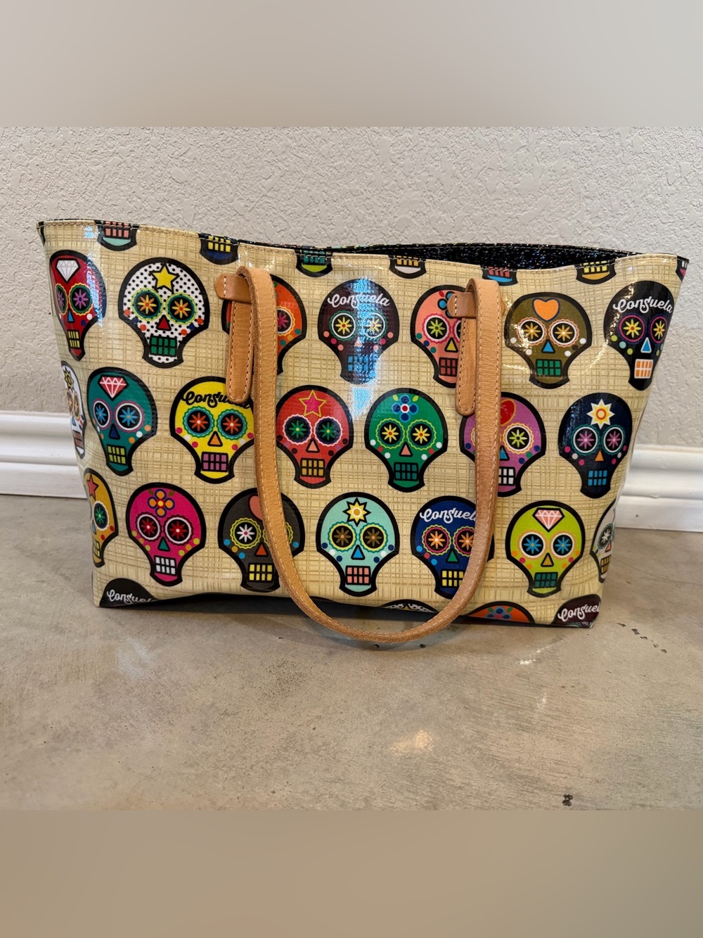 Consuela Multicolor Sugar Skull Tote with Leather Handles
